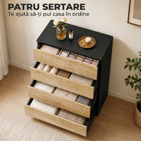 HOMCOM Comodă cu 4 Sertare din Lemn cu Șine Metalice și Mânere Frezate, 60x40x80 cm, Negru și Stejar | Aosom Romania
