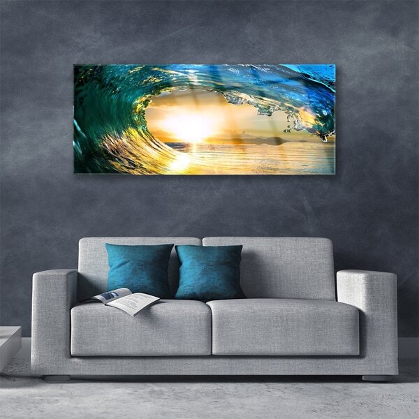 Tablou pe sticla Wave Sea Sunset Natura Albastru Galben
