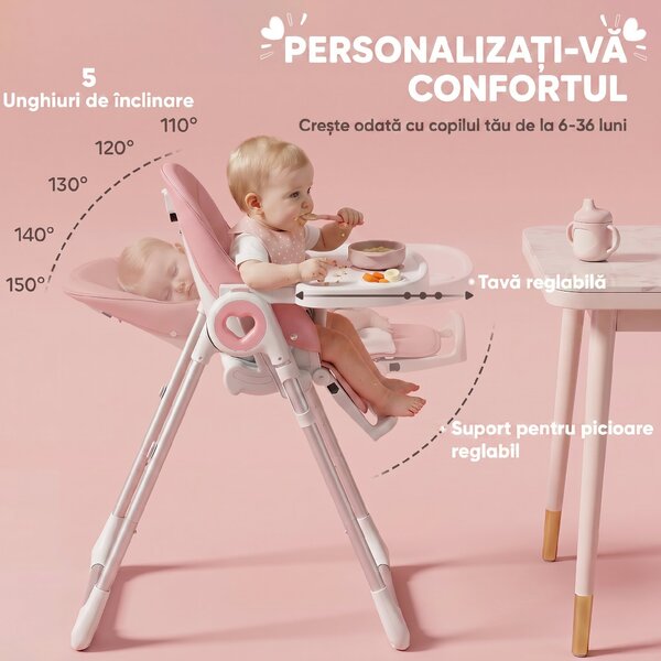 AIYAPLAY Scaun de Masă Pliabil pentru Copii 6-36 Luni cu Înălțime Reglabilă, Dublă Tăviță Lavabilă, Roți, Roz | Aosom Romania