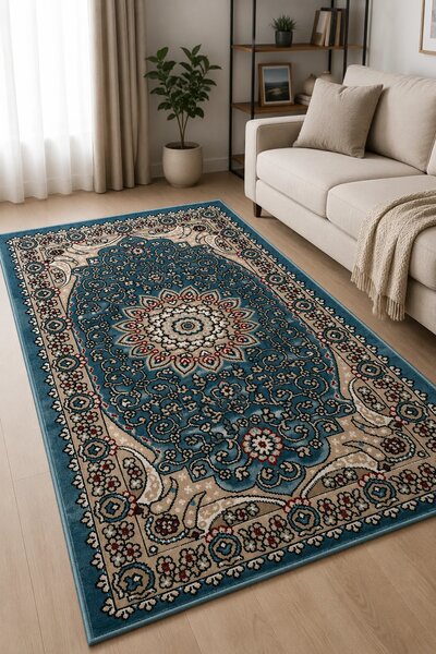 Covor Queen 10220, Marime 80 x 150 cm, Turcoaz, Inaltime Fir 7.5 mm, Antialergic, Polipropilena, Living, Dormitor, Sufragerie, Birou 80 x 150