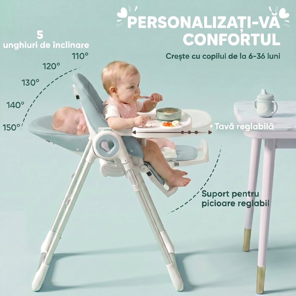 AIYAPLAY Scaun de Masă Pliabil pentru Copii 6-36 Luni cu Înălțime Reglabilă, Tăviță Dublă Lavabilă, Roți, Verde | Aosom Romania