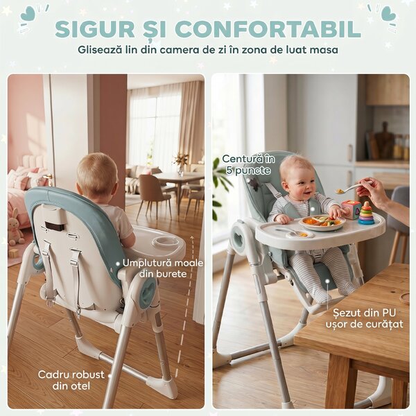 AIYAPLAY Scaun de Masă Pliabil pentru Copii 6-36 Luni cu Înălțime Reglabilă, Tăviță Dublă Lavabilă, Roți, Verde | Aosom Romania