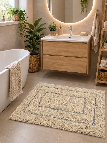 Covoraș de Baie Antiderapant Softa, 45 75 cm, Bumbac, Model cu Chenar, Ivory 45 x 75