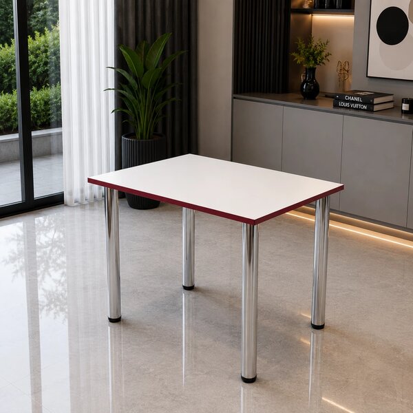 Masa de bucatarie DENVER, blat pal alb, cant abs bordo, picioare crom, 90X64X73 cm