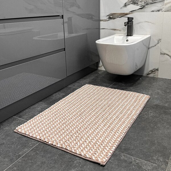Covoraș de Baie Antiderapant Melody, Roz Pudrat cu Alb, Mărime 55 80 cm, Microfibră de Poliester, Grosime Totală 10 mm 55 x 80