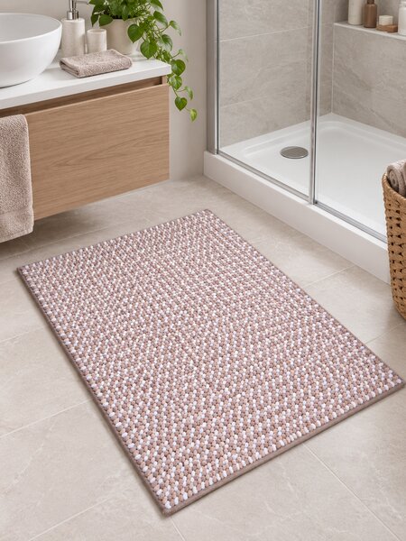 Covoraș de Baie Antiderapant Melody, Roz Pudrat cu Alb, Mărime 55 80 cm, Microfibră de Poliester, Grosime Totală 10 mm 55 x 80
