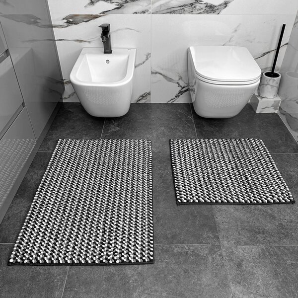 Covoraș de Baie Antiderapant Melody, Gri, Negru și Alb, Mărime 55 80 cm, Microfibră de Poliester, Grosime Totală 10 mm 55 x 80