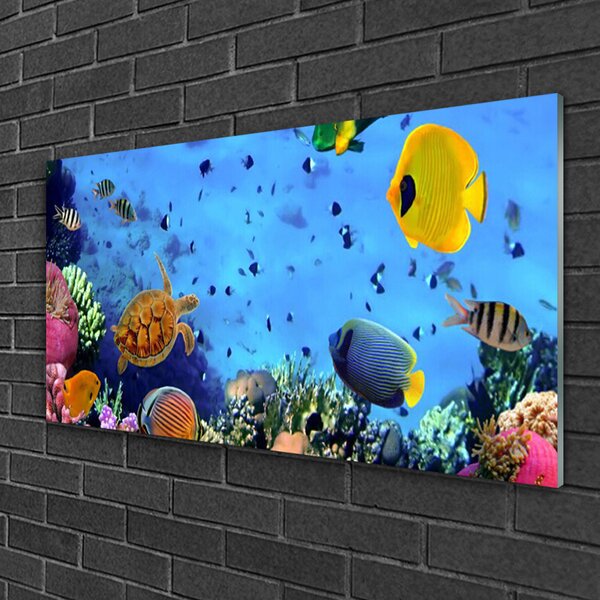 Tablou pe sticla Coral Reef subacvatice de pește Natura Albastru Galben Multi