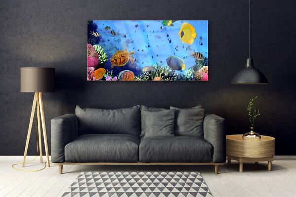 Tablou pe sticla Coral Reef subacvatice de pește Natura Albastru Galben Multi