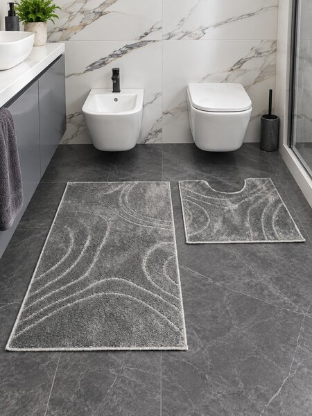 Set 2 Covorașe de Baie Antiderapante Joy, Gri, Mărimi 57 100 cm și 57 50 cm, Poliester, Grosime Totală 7 mm 57 x 100 / 57 x 50