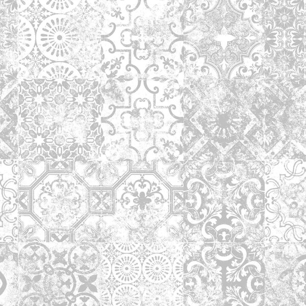 Perdea de Duș Print Model Patchwork, Gri și Alb, Mărime 180 180 cm, Poliester și Polipropilenă, 12 Inele Incluse 180 x 180