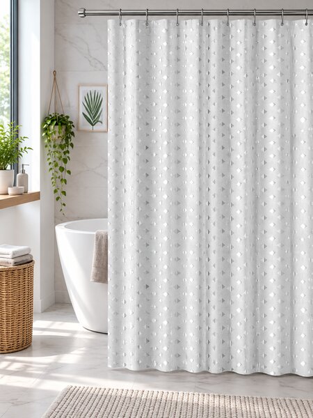 Perdea de Duș Jacquard Model Romburi, Alb, Mărime 180 180 cm, Poliester și Polipropilenă, 12 Inele Incluse 180 x 180
