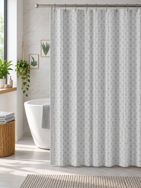 Perdea de Duș Jacquard Model Romburi, Gri, Mărime 180 180 cm, Poliester și Polipropilenă, 12 Inele Incluse 180 x 180