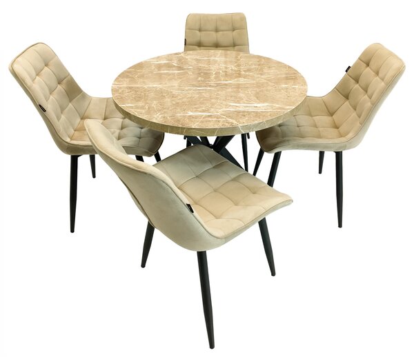 Set masa Hamburg Royal Beige cu 4 scaune Osaka bej, DENVER, picioare metalice negre, forma rotunda, 90x73 cm