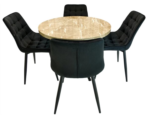 Set masa Hamburg Royal Beige cu 4 scaune Osaka negru, DENVER, picioare metalice negre, forma rotunda, 90x73 cm