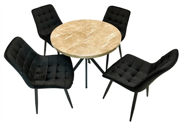 Set masa Hamburg Royal Beige cu 4 scaune Osaka negru, DENVER, picioare metalice negre, forma rotunda, 90x73 cm