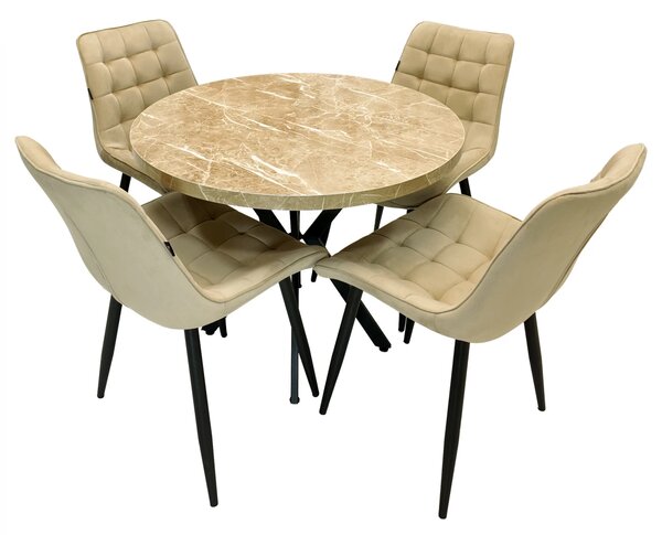 Set masa Hamburg Royal Beige cu 4 scaune Osaka bej, DENVER, picioare metalice negre, forma rotunda, 90x73 cm
