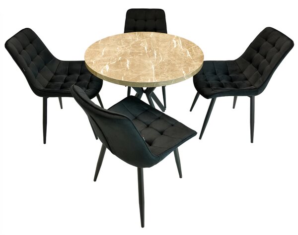 Set masa Hamburg Royal Beige cu 4 scaune Osaka negru, DENVER, picioare metalice negre, forma rotunda, 90x73 cm