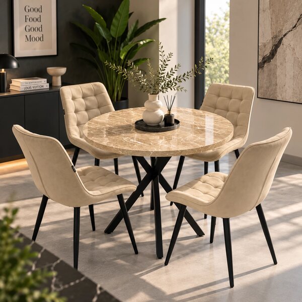 Set masa Hamburg Royal Beige cu 4 scaune Osaka bej, DENVER, picioare metalice negre, forma rotunda, 90x73 cm