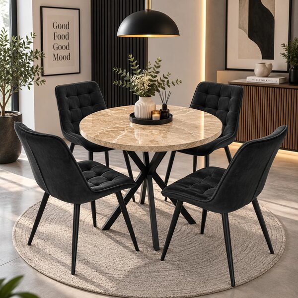 Set masa Hamburg Royal Beige cu 4 scaune Osaka negru, DENVER, picioare metalice negre, forma rotunda, 90x73 cm