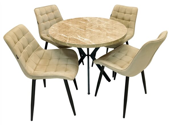 Set masa Hamburg Royal Beige cu 4 scaune Osaka bej, DENVER, picioare metalice negre, forma rotunda, 90x73 cm