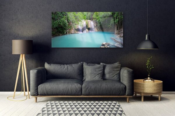 Tablou pe sticla Cascada Pădurea Lacul Albastru Verde Natura