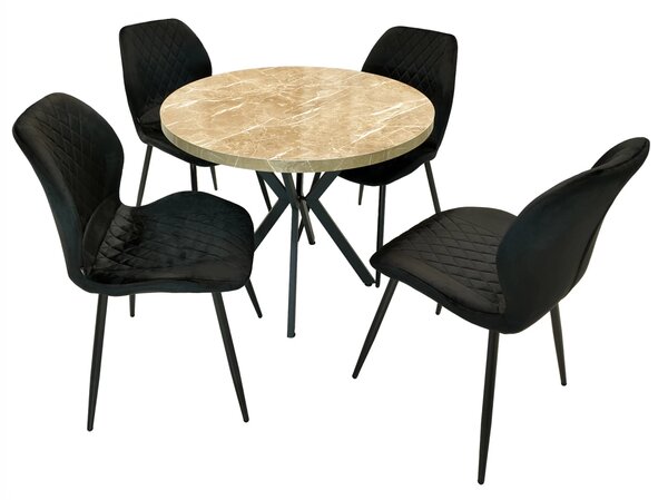 Set masa Hamburg Royal Beige cu 4 scaune Goteborg negru, DENVER, picioare metalice negre, forma rotunda, 90x73 cm