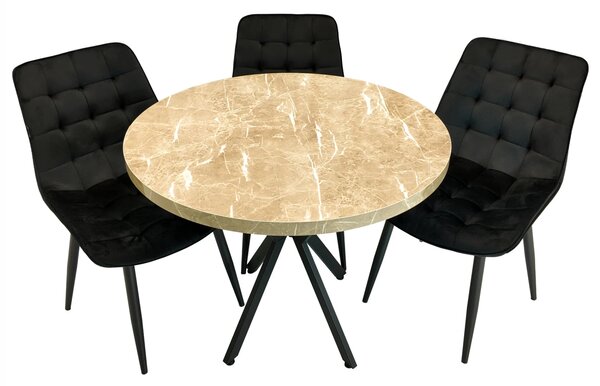 Set masa Hamburg Royal Beige cu 3 scaune Osaka negru, picioare metalice negre, forma rotunda, 90x73 cm