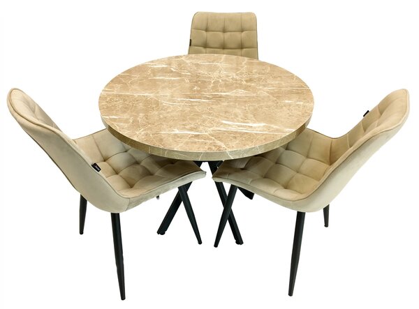 Set masa Hamburg Royal Beige cu 3 scaune Osaka bej, picioare metalice negre, forma rotunda, 90x73 cm