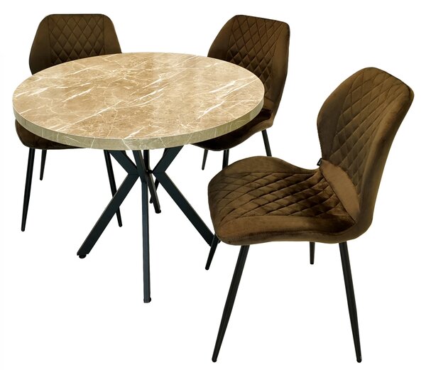 Set masa Hamburg Royal Beige cu 3 scaune Goteborg maro, DENVER, picioare metalice negre, forma rotunda, 90x73 cm