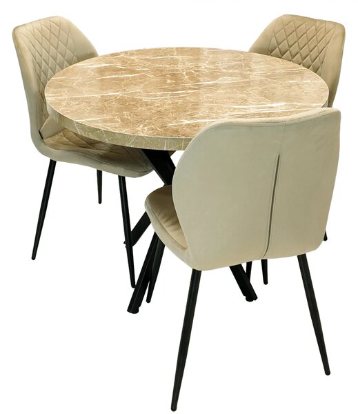 Set masa Hamburg Royal Beige cu 3 scaune Goteborg bej, DENVER, picioare metalice negre, forma rotunda, 90x73 cm