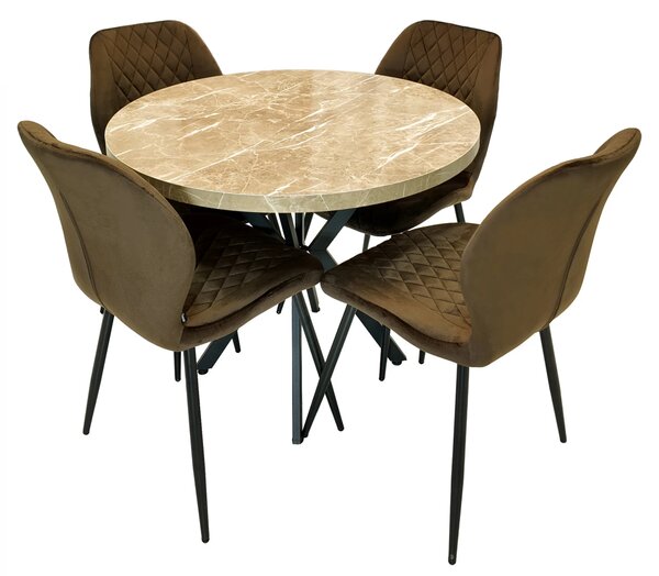 Set masa Hamburg Royal Beige cu 4 scaune Goteborg maro, DENVER, picioare metalice negre, forma rotunda, 90x73 cm