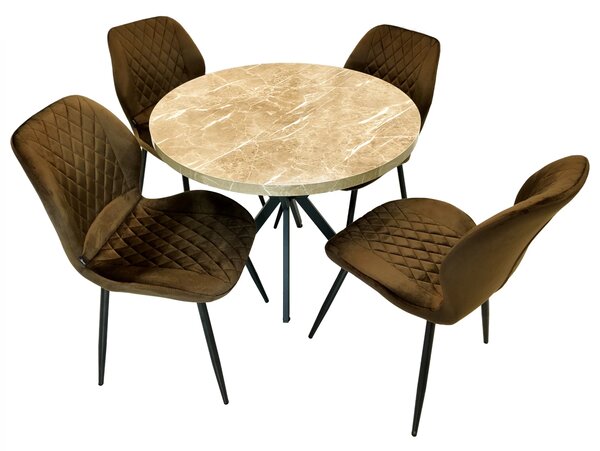 Set masa Hamburg Royal Beige cu 4 scaune Goteborg maro, DENVER, picioare metalice negre, forma rotunda, 90x73 cm