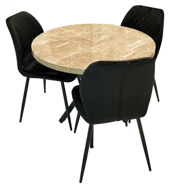 Set masa Hamburg Royal Beige cu 3 scaune Goteborg negru, DENVER, picioare metalice negre, forma rotunda, 90x73 cm
