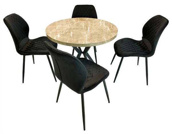 Set masa Hamburg Royal Beige cu 4 scaune Goteborg negru, DENVER, picioare metalice negre, forma rotunda, 90x73 cm