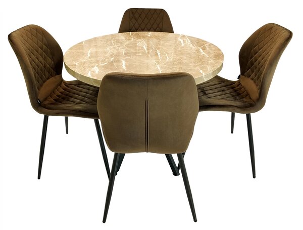 Set masa Hamburg Royal Beige cu 4 scaune Goteborg maro, DENVER, picioare metalice negre, forma rotunda, 90x73 cm