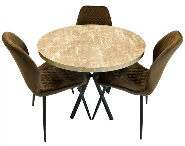 Set masa Hamburg Royal Beige cu 3 scaune Goteborg maro, DENVER, picioare metalice negre, forma rotunda, 90x73 cm