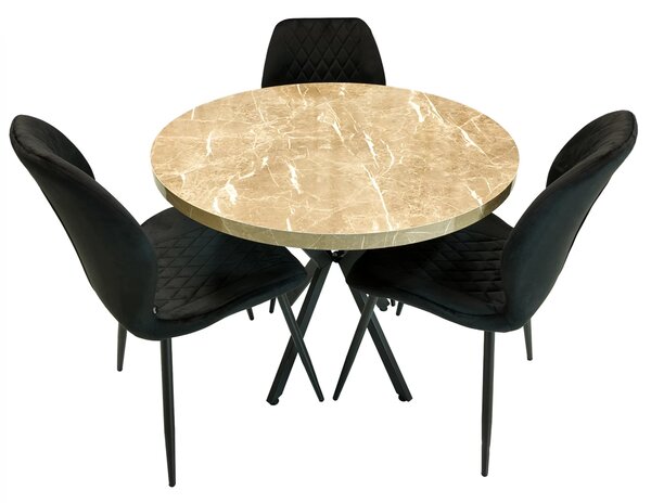 Set masa Hamburg Royal Beige cu 3 scaune Goteborg negru, DENVER, picioare metalice negre, forma rotunda, 90x73 cm