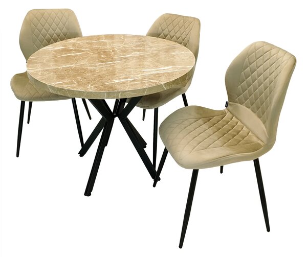 Set masa Hamburg Royal Beige cu 3 scaune Goteborg bej, DENVER, picioare metalice negre, forma rotunda, 90x73 cm