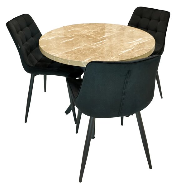 Set masa Hamburg Royal Beige cu 3 scaune Osaka negru, picioare metalice negre, forma rotunda, 90x73 cm