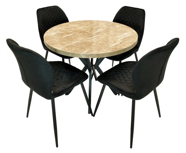Set masa Hamburg Royal Beige cu 4 scaune Goteborg negru, DENVER, picioare metalice negre, forma rotunda, 90x73 cm