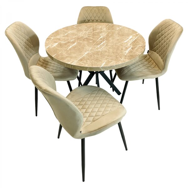 Set masa Hamburg Royal Beige cu 4 scaune Goteborg bej, DENVER, picioare metalice negre, forma rotunda, 90x73 cm