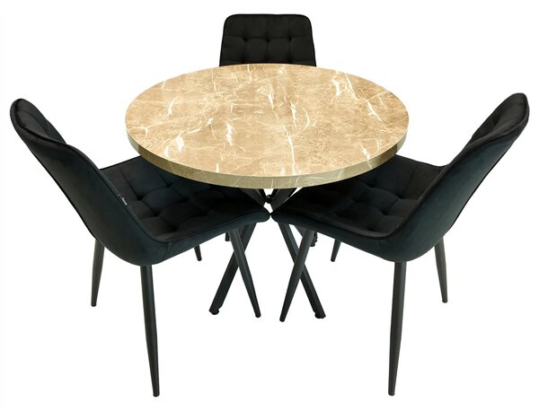 Set masa Hamburg Royal Beige cu 3 scaune Osaka negru, picioare metalice negre, forma rotunda, 90x73 cm