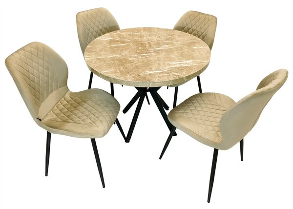 Set masa Hamburg Royal Beige cu 4 scaune Goteborg bej, DENVER, picioare metalice negre, forma rotunda, 90x73 cm