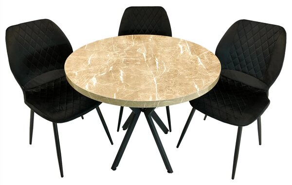 Set masa Hamburg Royal Beige cu 3 scaune Goteborg negru, DENVER, picioare metalice negre, forma rotunda, 90x73 cm