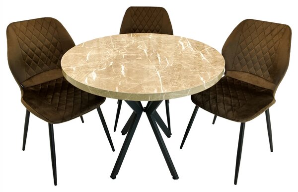 Set masa Hamburg Royal Beige cu 3 scaune Goteborg maro, DENVER, picioare metalice negre, forma rotunda, 90x73 cm