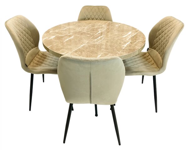 Set masa Hamburg Royal Beige cu 4 scaune Goteborg bej, DENVER, picioare metalice negre, forma rotunda, 90x73 cm