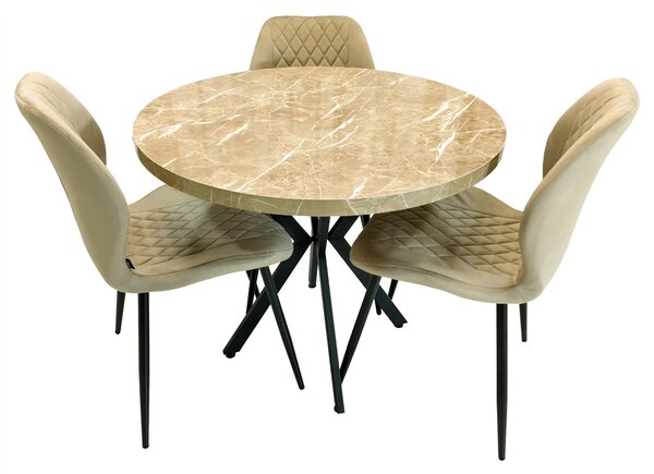 Set masa Hamburg Royal Beige cu 3 scaune Goteborg bej, DENVER, picioare metalice negre, forma rotunda, 90x73 cm