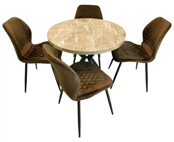 Set masa Hamburg Royal Beige cu 4 scaune Goteborg maro, DENVER, picioare metalice negre, forma rotunda, 90x73 cm