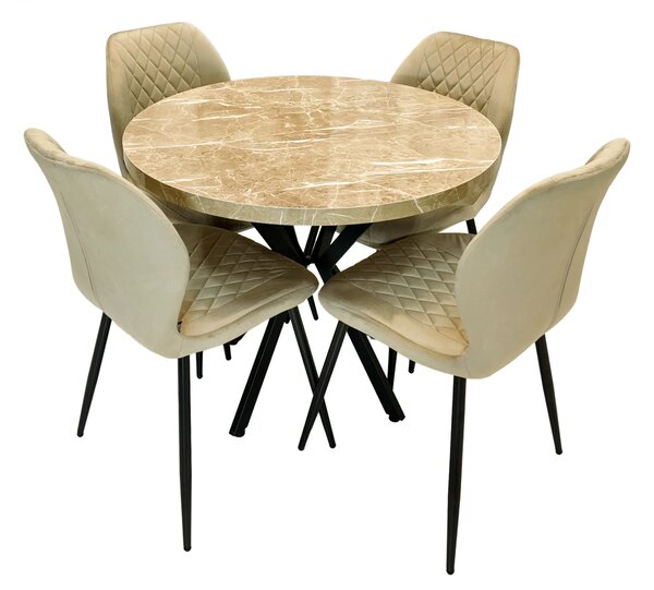 Set masa Hamburg Royal Beige cu 4 scaune Goteborg bej, DENVER, picioare metalice negre, forma rotunda, 90x73 cm